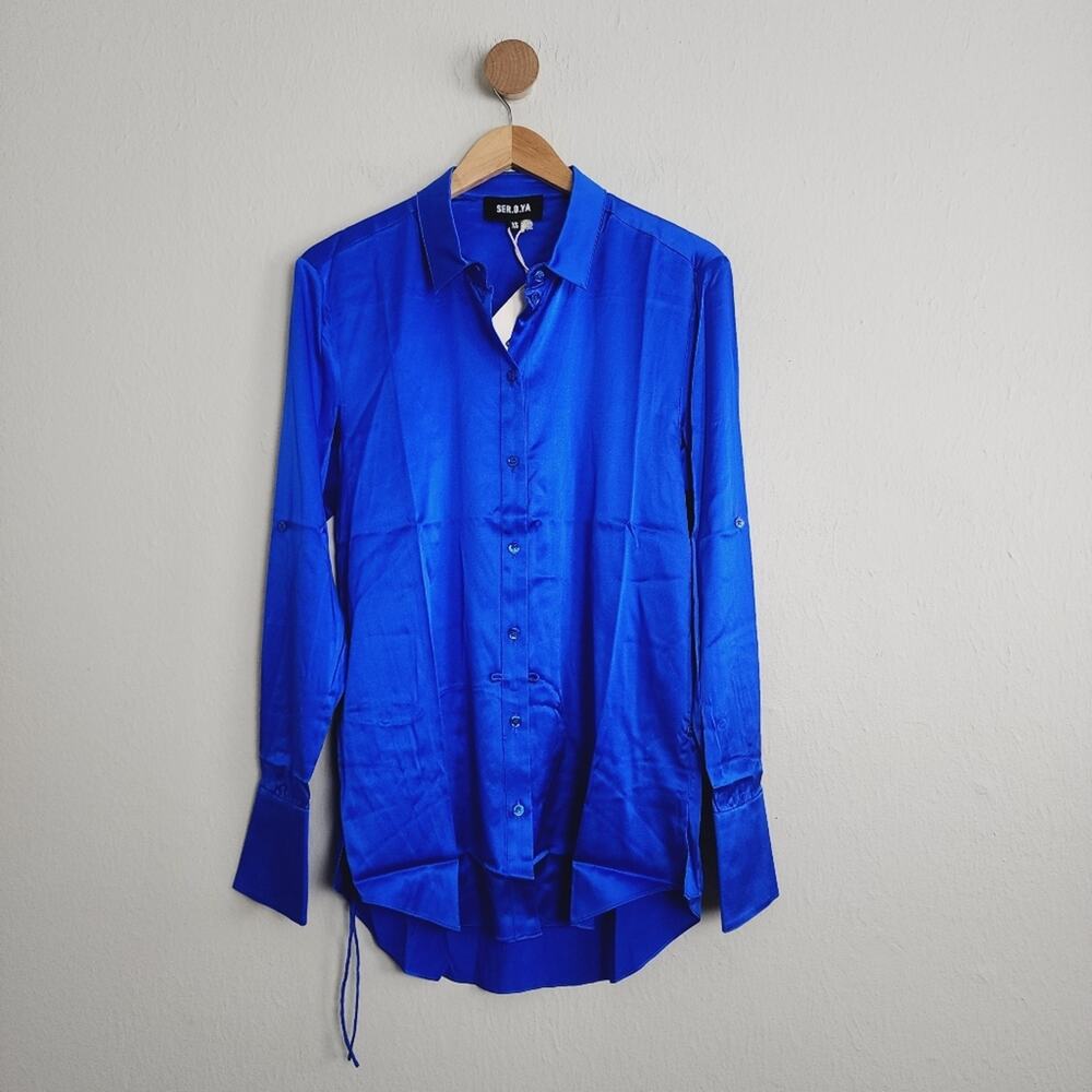 SER.O.YA The Karry Silk Shirt Royal Cobalt Blue Ruched NWT Retrofete XS